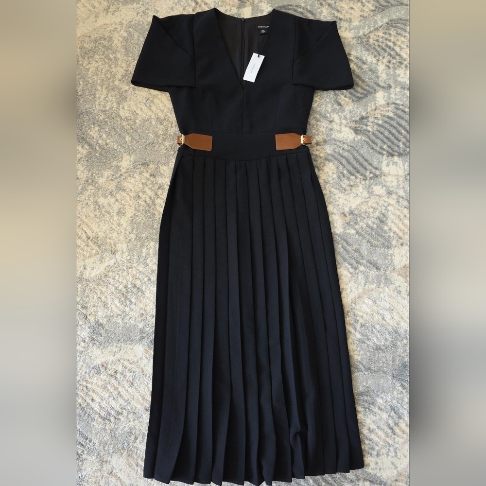 Karen Millen Black Pleated Midi Dress with Tan Belt Detail